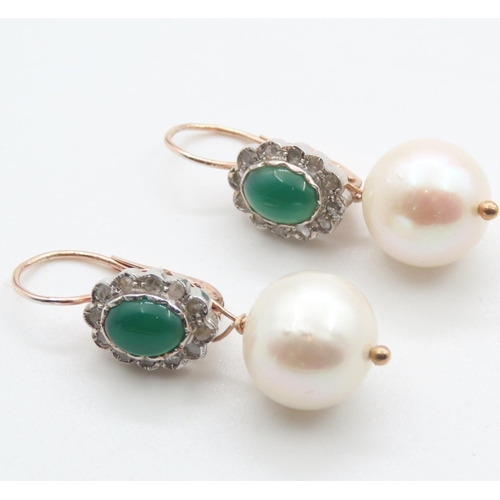 203 - Pair of Emerald and Diamond Cluster Earrings with Removable Pearl Mounted on 9 Carat Rose Gold  4cm ... 