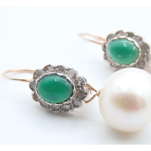 203 - Pair of Emerald and Diamond Cluster Earrings with Removable Pearl Mounted on 9 Carat Rose Gold  4cm ... 