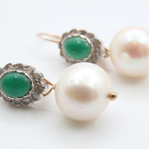 203 - Pair of Emerald and Diamond Cluster Earrings with Removable Pearl Mounted on 9 Carat Rose Gold  4cm ... 