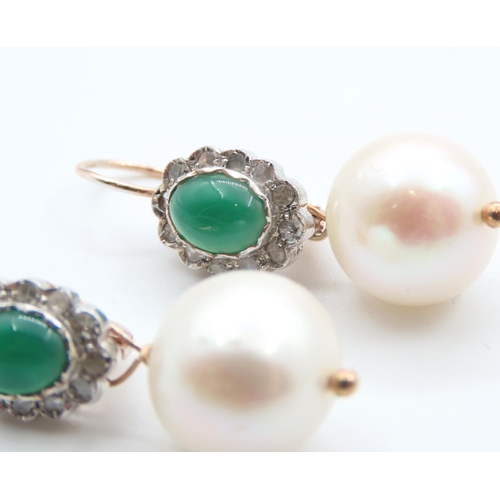 203 - Pair of Emerald and Diamond Cluster Earrings with Removable Pearl Mounted on 9 Carat Rose Gold  4cm ... 