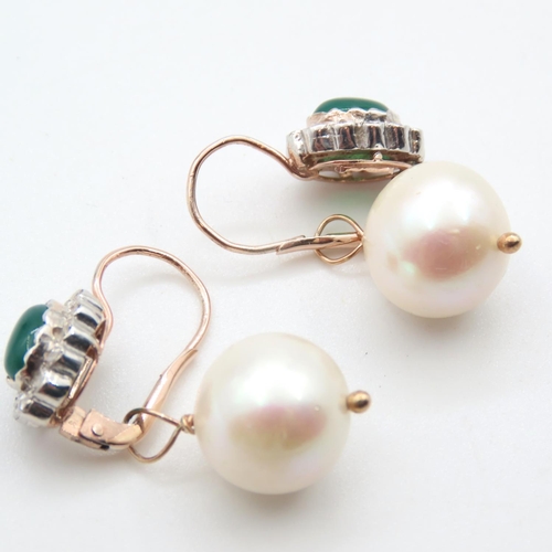 203 - Pair of Emerald and Diamond Cluster Earrings with Removable Pearl Mounted on 9 Carat Rose Gold  4cm ... 