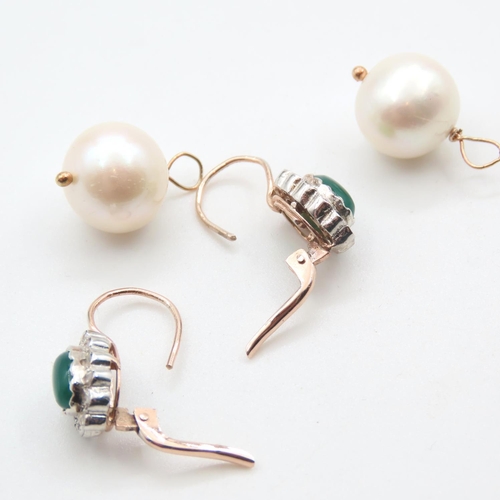 203 - Pair of Emerald and Diamond Cluster Earrings with Removable Pearl Mounted on 9 Carat Rose Gold  4cm ... 