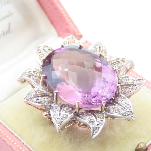 204 - Amethyst Oval Cut Cocktail Ring Diamond Cluster Set Mounted on 9 Carat Yellow Gold Band Petal Motif ... 