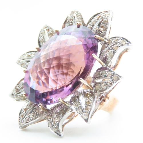 204 - Amethyst Oval Cut Cocktail Ring Diamond Cluster Set Mounted on 9 Carat Yellow Gold Band Petal Motif ... 