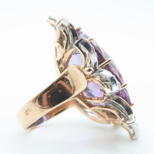 204 - Amethyst Oval Cut Cocktail Ring Diamond Cluster Set Mounted on 9 Carat Yellow Gold Band Petal Motif ... 