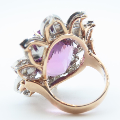 204 - Amethyst Oval Cut Cocktail Ring Diamond Cluster Set Mounted on 9 Carat Yellow Gold Band Petal Motif ... 