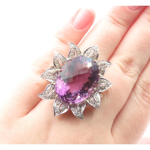 204 - Amethyst Oval Cut Cocktail Ring Diamond Cluster Set Mounted on 9 Carat Yellow Gold Band Petal Motif ... 