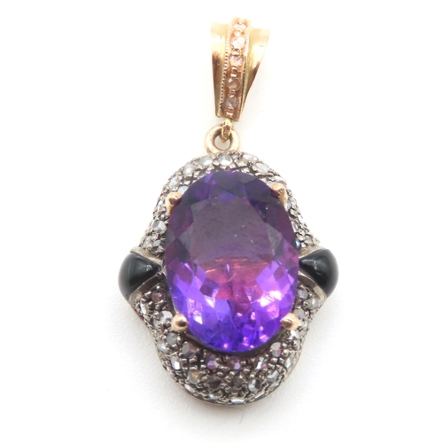 205 - Violet Amethyst Diamond Cluster Set Pendant of Vivid Hue Mounted on 9 Carat Rose Gold Centerstone Fo... 