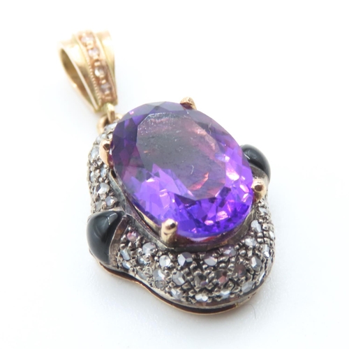 205 - Violet Amethyst Diamond Cluster Set Pendant of Vivid Hue Mounted on 9 Carat Rose Gold Centerstone Fo... 