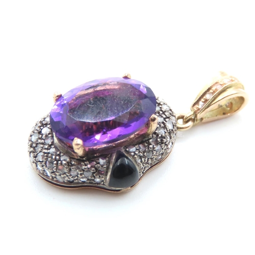 205 - Violet Amethyst Diamond Cluster Set Pendant of Vivid Hue Mounted on 9 Carat Rose Gold Centerstone Fo... 