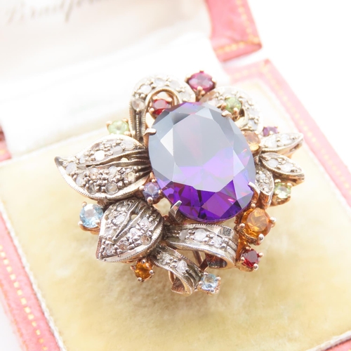 220 - Amethyst and Ruby Aquamarine and Citrine Set Diamond Cluster Ring Mounted on 9 Carat Rose Gold Band ... 