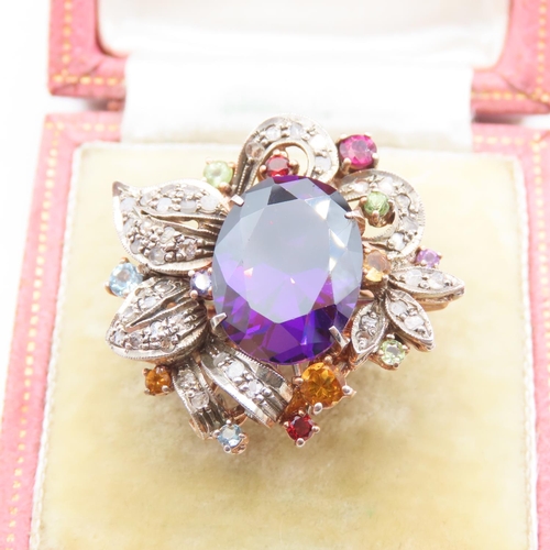 220 - Amethyst and Ruby Aquamarine and Citrine Set Diamond Cluster Ring Mounted on 9 Carat Rose Gold Band ... 