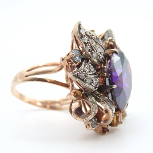 220 - Amethyst and Ruby Aquamarine and Citrine Set Diamond Cluster Ring Mounted on 9 Carat Rose Gold Band ... 