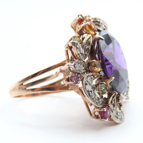 220 - Amethyst and Ruby Aquamarine and Citrine Set Diamond Cluster Ring Mounted on 9 Carat Rose Gold Band ... 