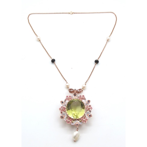 221 - Peridot 9 Carat Diamond Set Pendant with Further Pearl Drop Decoration Set with Rubies Further Mount... 