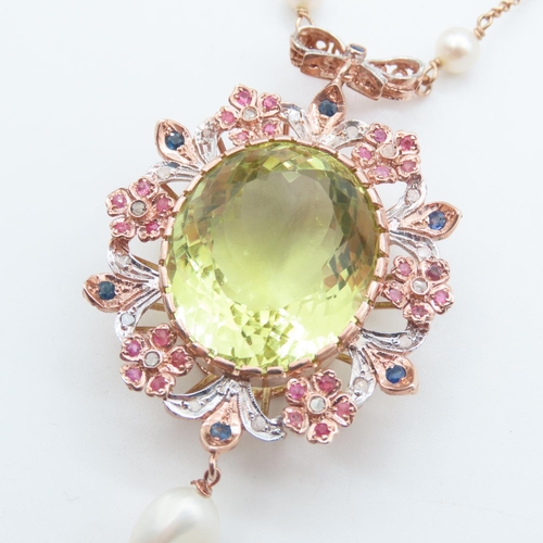 221 - Peridot 9 Carat Diamond Set Pendant with Further Pearl Drop Decoration Set with Rubies Further Mount... 