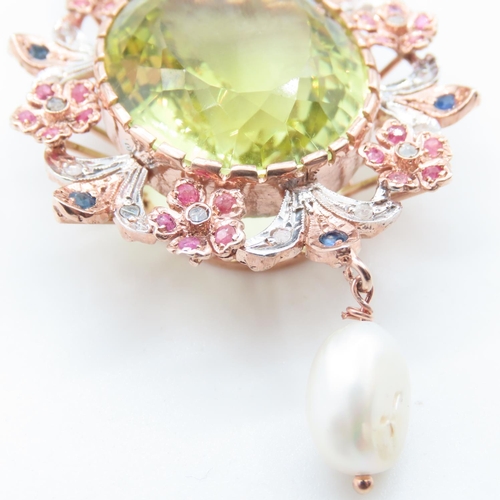 221 - Peridot 9 Carat Diamond Set Pendant with Further Pearl Drop Decoration Set with Rubies Further Mount... 