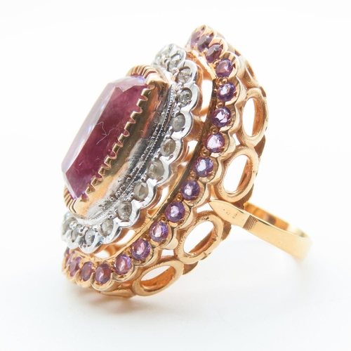 222 - Diamond and Amethyst Cluster Ring Centerstone Cushion Cut Mounted on 9 Carat Yellow Gold Band Basket... 