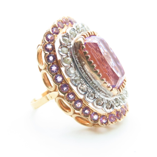 222 - Diamond and Amethyst Cluster Ring Centerstone Cushion Cut Mounted on 9 Carat Yellow Gold Band Basket... 