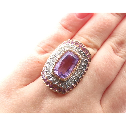 222 - Diamond and Amethyst Cluster Ring Centerstone Cushion Cut Mounted on 9 Carat Yellow Gold Band Basket... 