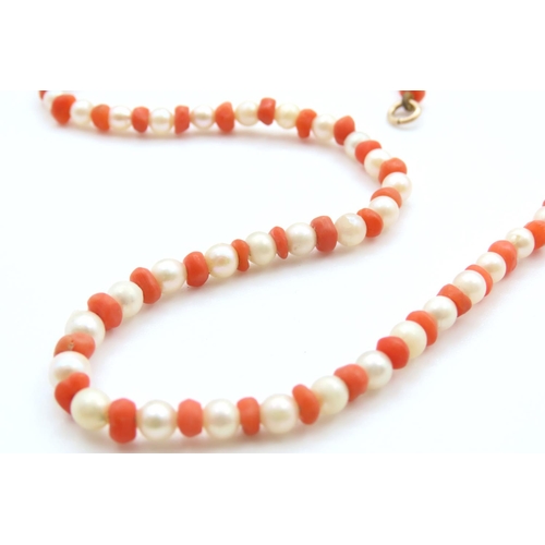 226 - Pearl and Coral Single Strand Necklace with 14 Carat Gold Ring Barrel Double Clasp