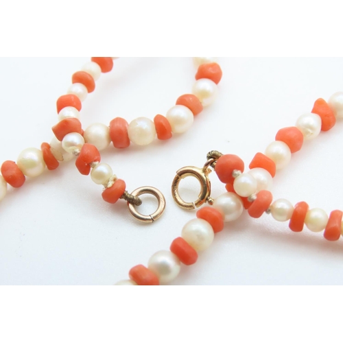 226 - Pearl and Coral Single Strand Necklace with 14 Carat Gold Ring Barrel Double Clasp