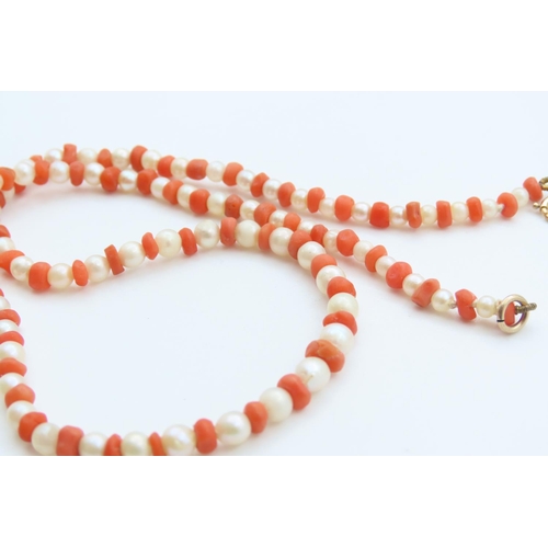 226 - Pearl and Coral Single Strand Necklace with 14 Carat Gold Ring Barrel Double Clasp