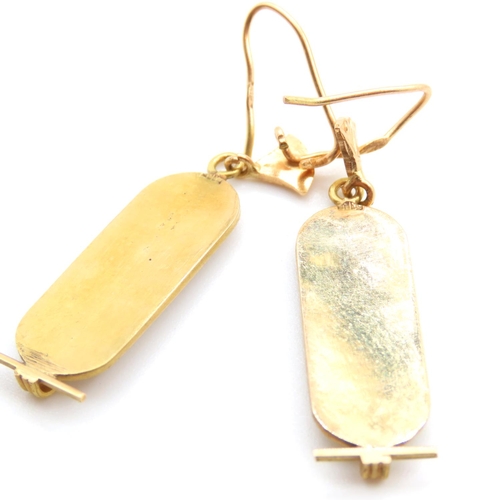 237 - Pair of 18 Carat Yellow Gold Hieroglyphic Drop Form Earrings Attractively Detailed Each 5cm High