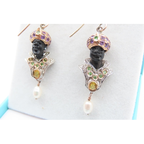 241 - Pair of Venetian Blackmore Motif Earrings Articulated Form Set with Diamonds Pearl Amethyst Emeralds... 