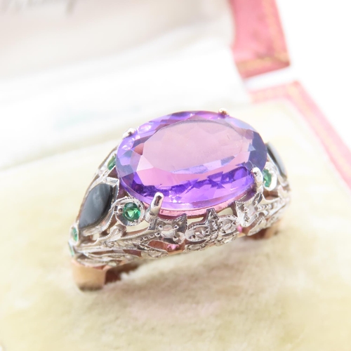 242 - Amethyst Four Claw Set Ladies Ring Diamond Decorated Surrounds with Inset Emeralds 9 Carat Rose Gold... 