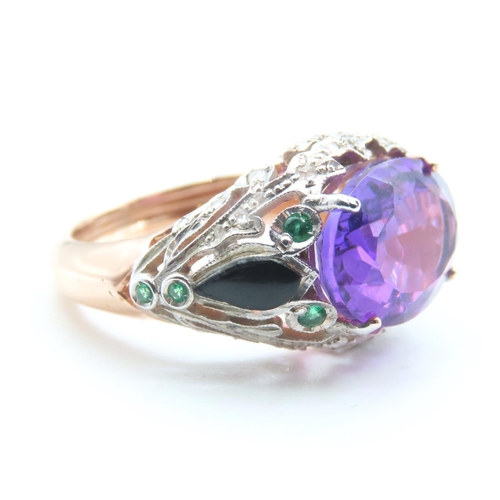 242 - Amethyst Four Claw Set Ladies Ring Diamond Decorated Surrounds with Inset Emeralds 9 Carat Rose Gold... 