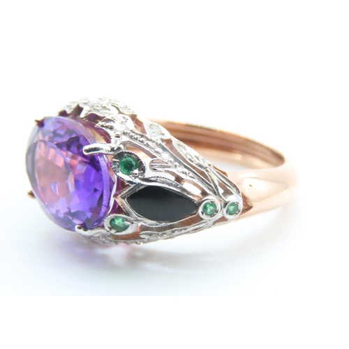 242 - Amethyst Four Claw Set Ladies Ring Diamond Decorated Surrounds with Inset Emeralds 9 Carat Rose Gold... 