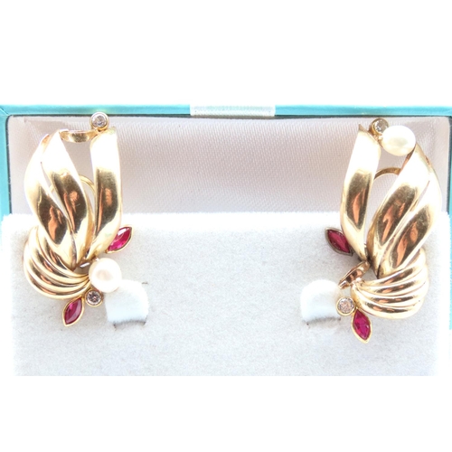 305 - Pair of Pearl and Ruby Set Ladies Earrings Mounted in 9 Carat Yellow Gold  Each 3cm High As New Unwo... 