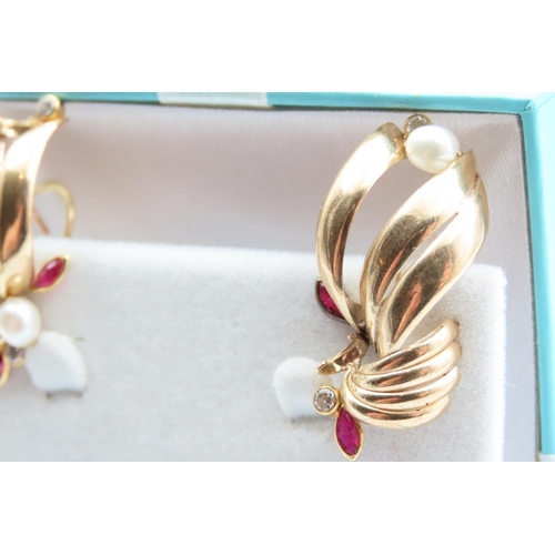 305 - Pair of Pearl and Ruby Set Ladies Earrings Mounted in 9 Carat Yellow Gold  Each 3cm High As New Unwo... 
