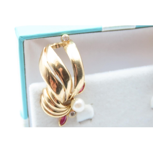 305 - Pair of Pearl and Ruby Set Ladies Earrings Mounted in 9 Carat Yellow Gold  Each 3cm High As New Unwo... 