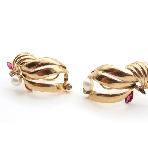 305 - Pair of Pearl and Ruby Set Ladies Earrings Mounted in 9 Carat Yellow Gold  Each 3cm High As New Unwo... 