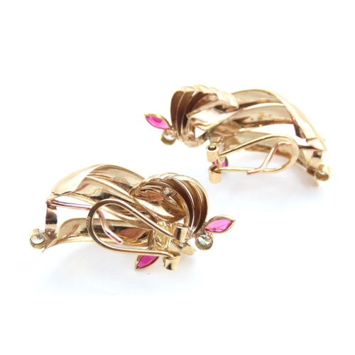 305 - Pair of Pearl and Ruby Set Ladies Earrings Mounted in 9 Carat Yellow Gold  Each 3cm High As New Unwo... 
