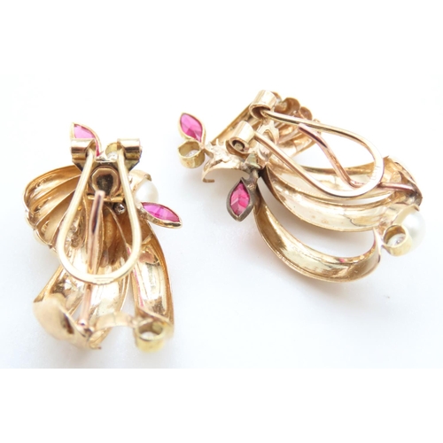 305 - Pair of Pearl and Ruby Set Ladies Earrings Mounted in 9 Carat Yellow Gold  Each 3cm High As New Unwo... 