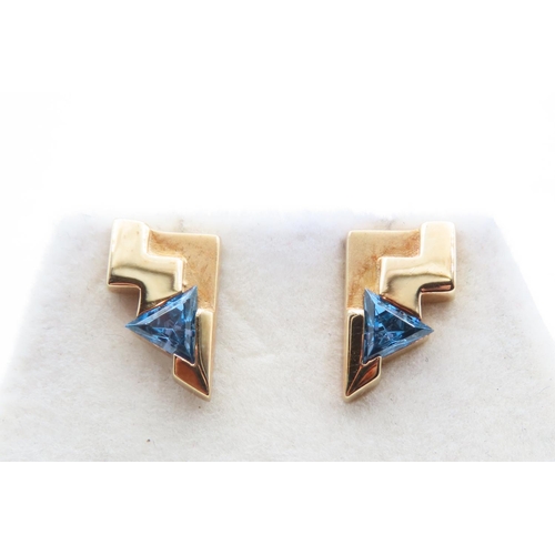307 - Pair of Blue Topaz Triangular Form Ladies 9 Carat Yellow Gold Earrings As New Unworn