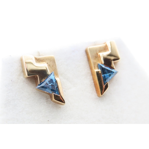 307 - Pair of Blue Topaz Triangular Form Ladies 9 Carat Yellow Gold Earrings As New Unworn