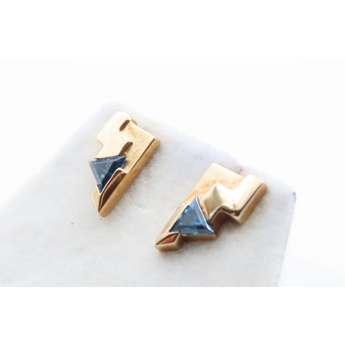 307 - Pair of Blue Topaz Triangular Form Ladies 9 Carat Yellow Gold Earrings As New Unworn
