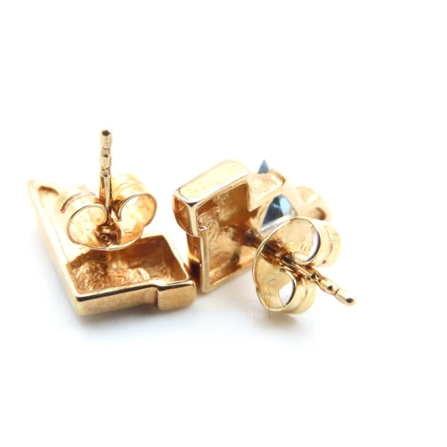 307 - Pair of Blue Topaz Triangular Form Ladies 9 Carat Yellow Gold Earrings As New Unworn
