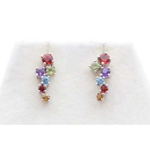 309 - Pair of Multi Gem 9 Carat White Gold Cluster Earrings Each 1.5cm High As New Unworn