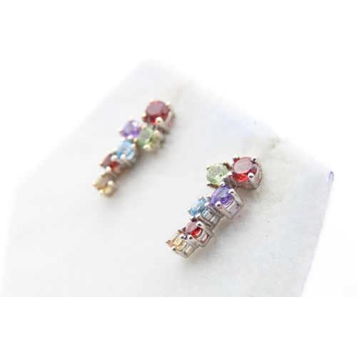 309 - Pair of Multi Gem 9 Carat White Gold Cluster Earrings Each 1.5cm High As New Unworn