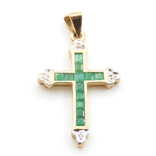 311 - Emerald and Diamond Set Cross Pendant Mounted in 9 Carat Yellow Gold 3cm High As New Unworn
