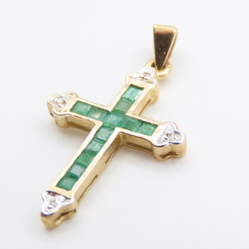 311 - Emerald and Diamond Set Cross Pendant Mounted in 9 Carat Yellow Gold 3cm High As New Unworn