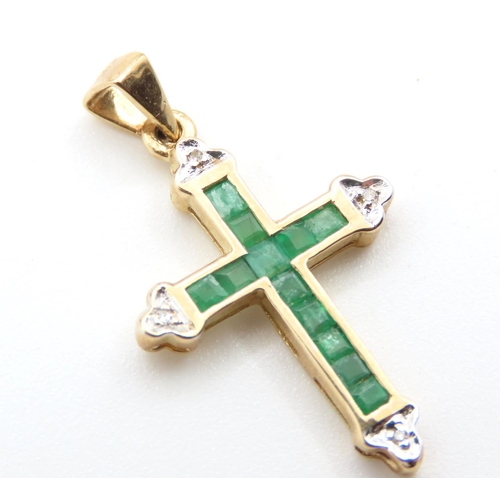 311 - Emerald and Diamond Set Cross Pendant Mounted in 9 Carat Yellow Gold 3cm High As New Unworn