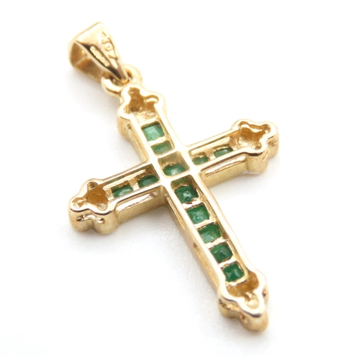 311 - Emerald and Diamond Set Cross Pendant Mounted in 9 Carat Yellow Gold 3cm High As New Unworn