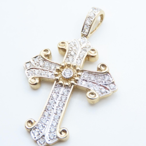312 - Gemstone Set 9 Carat Yellow Gold Cross Pendant 4cm High As New Unworn