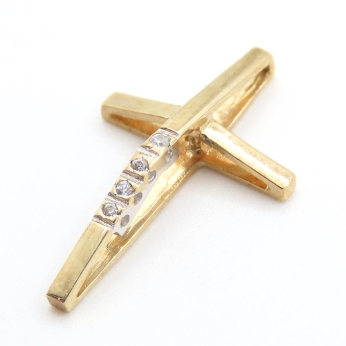 314 - Three Stone Diamond Set 9 Carat Yellow Gold Cross Pendant 2.5cm High As New Unworn